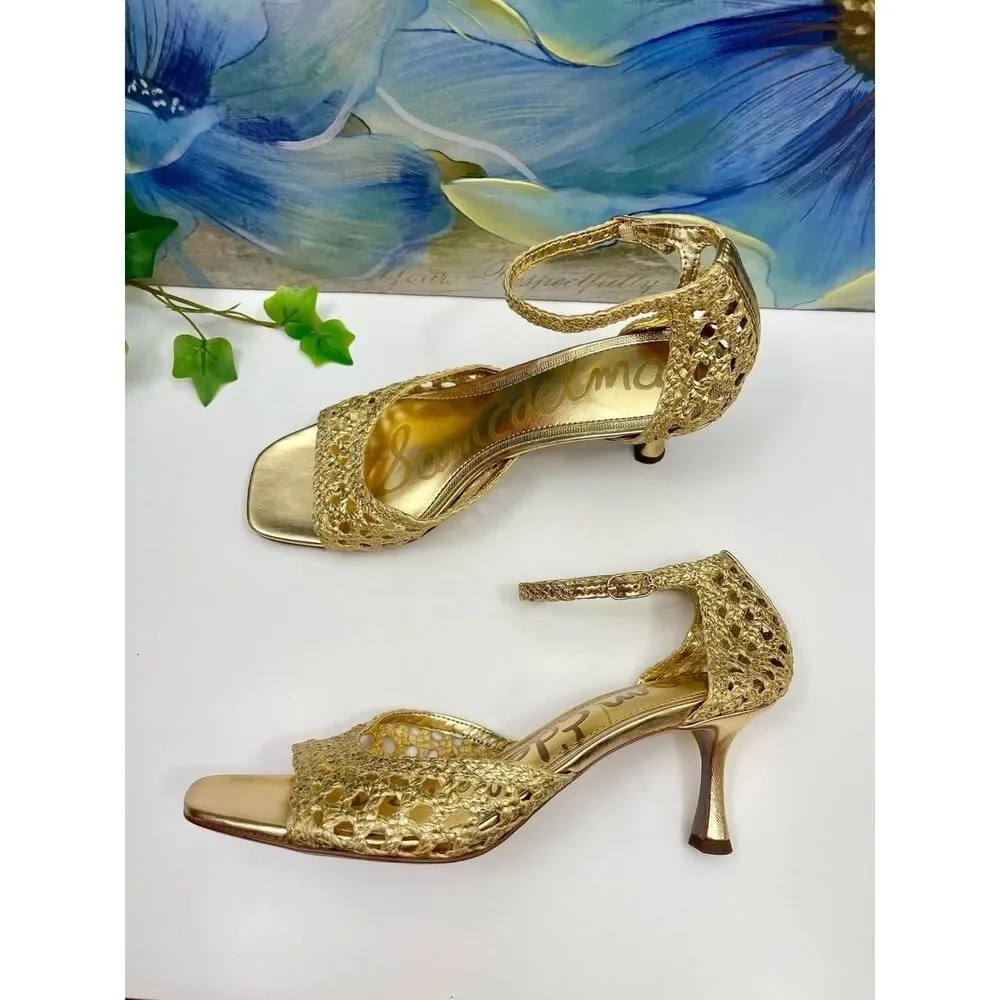 New Sam Edelman Gold Woven Kitten Heels Metallic Strappy Square Toe Sandals 8.5